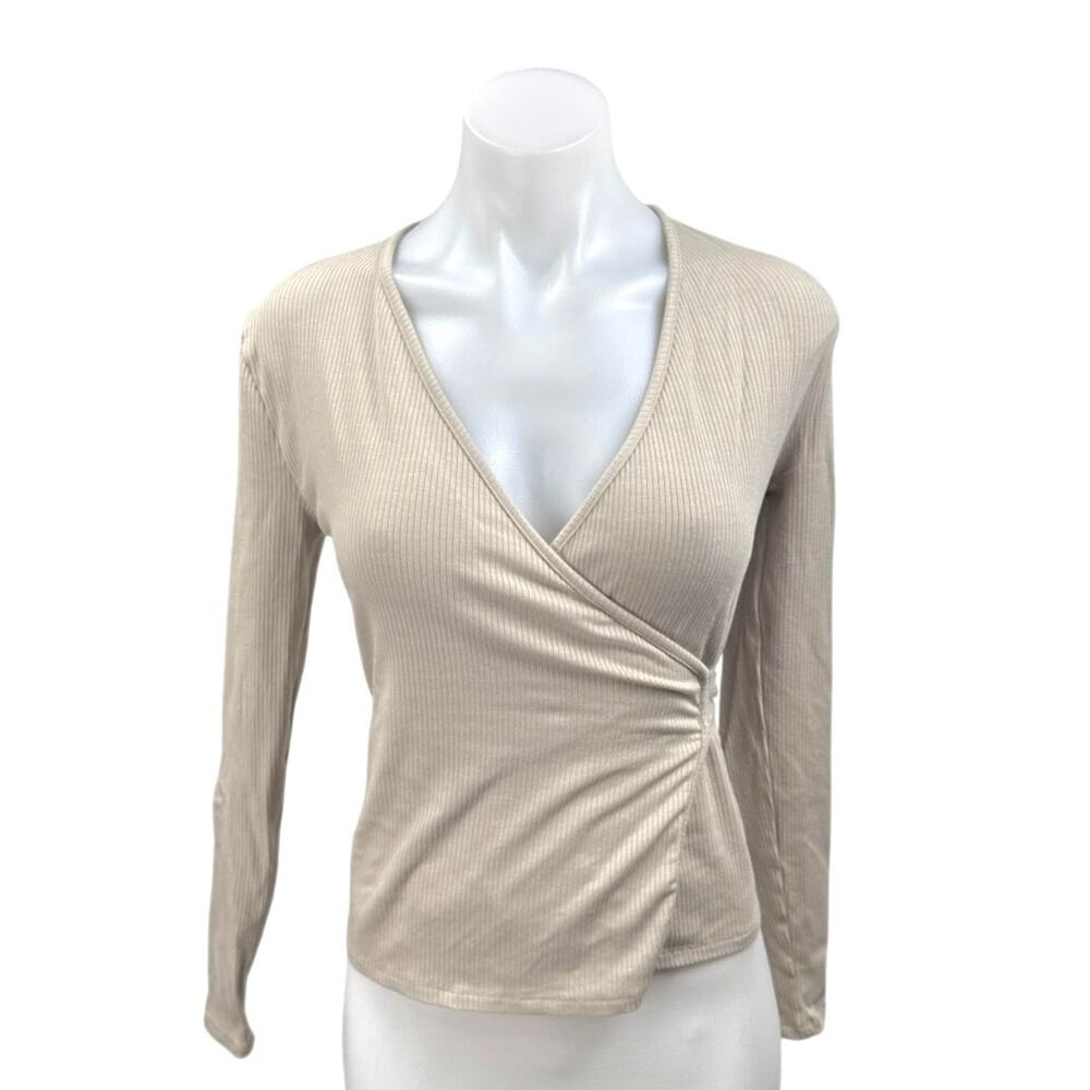 Udel NY Women's Beige Ribbed V-Neck Tie Waist Long Sleeve Wrap Blouse Top Sz XS